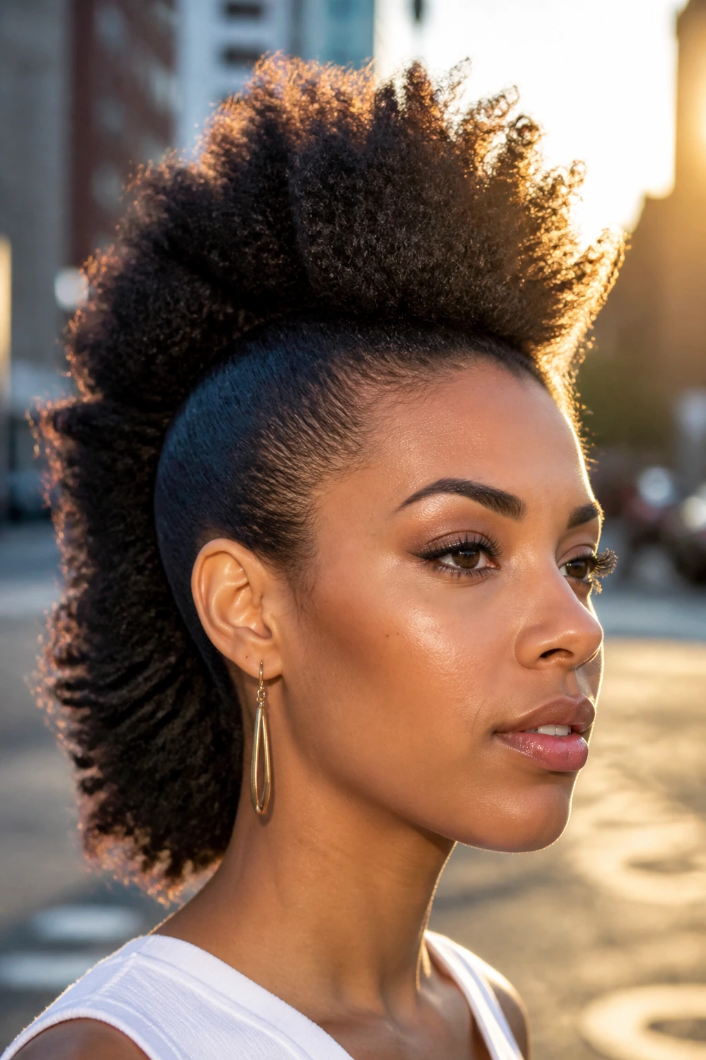 Close-up portrait of a real person with a long-stretch frohawk outdoors at golden hour
