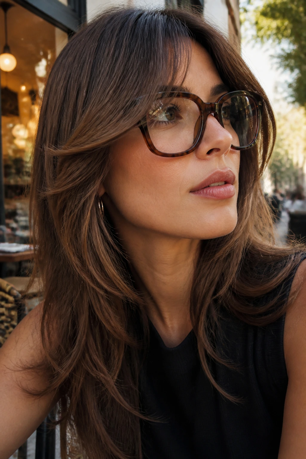 Portrait of a woman with long sweeping bangs and oversized acetate frames
