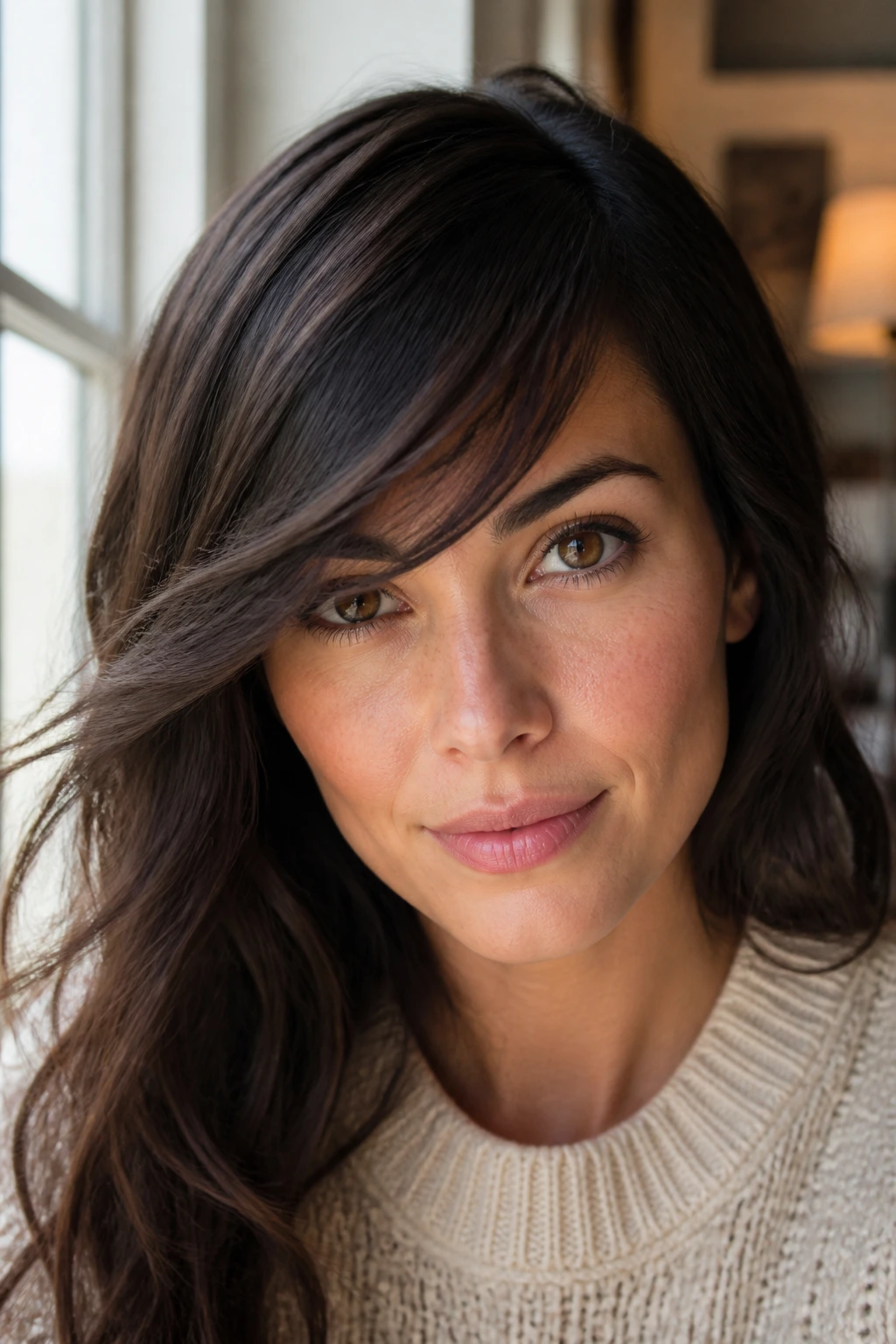 Close-up portrait of a real woman with a long sweeping fringe and deep side part in warm window light