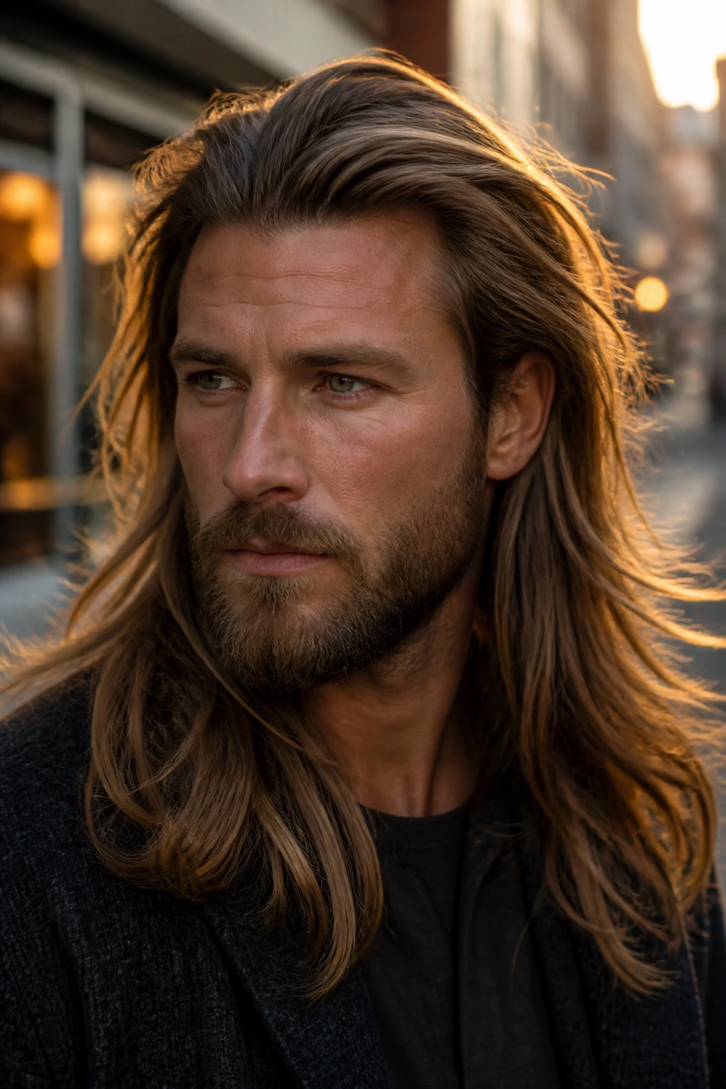 Portrait of man with long swept-back layered hairstyle