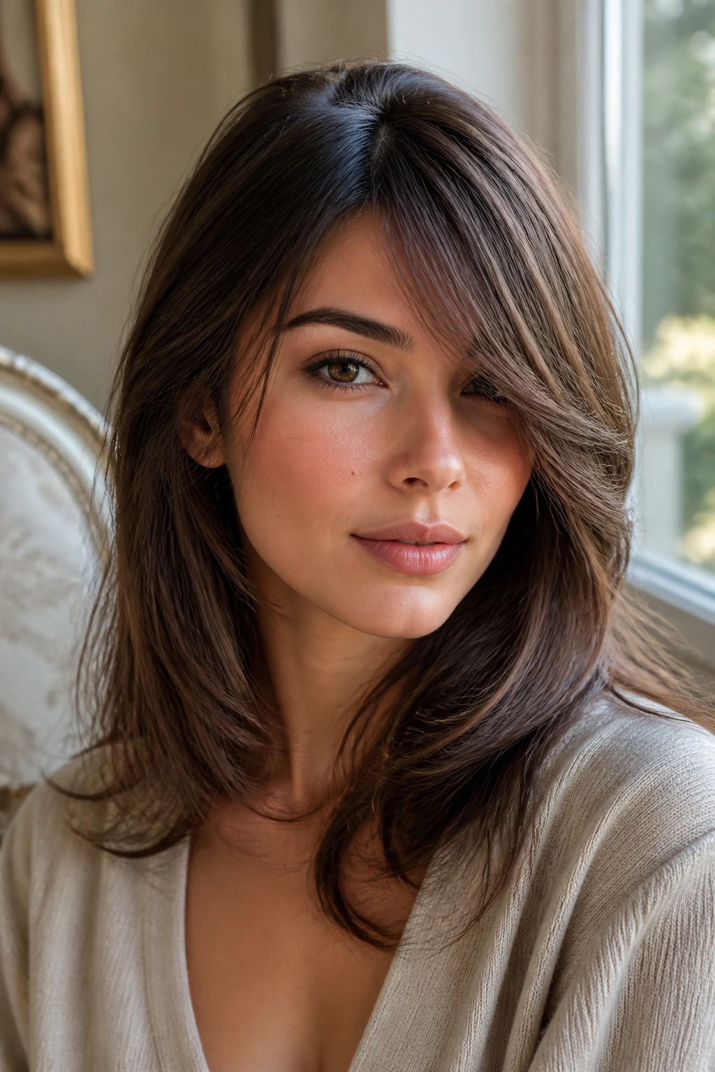 Close-up portrait of a real person with long swoop bangs across the forehead.