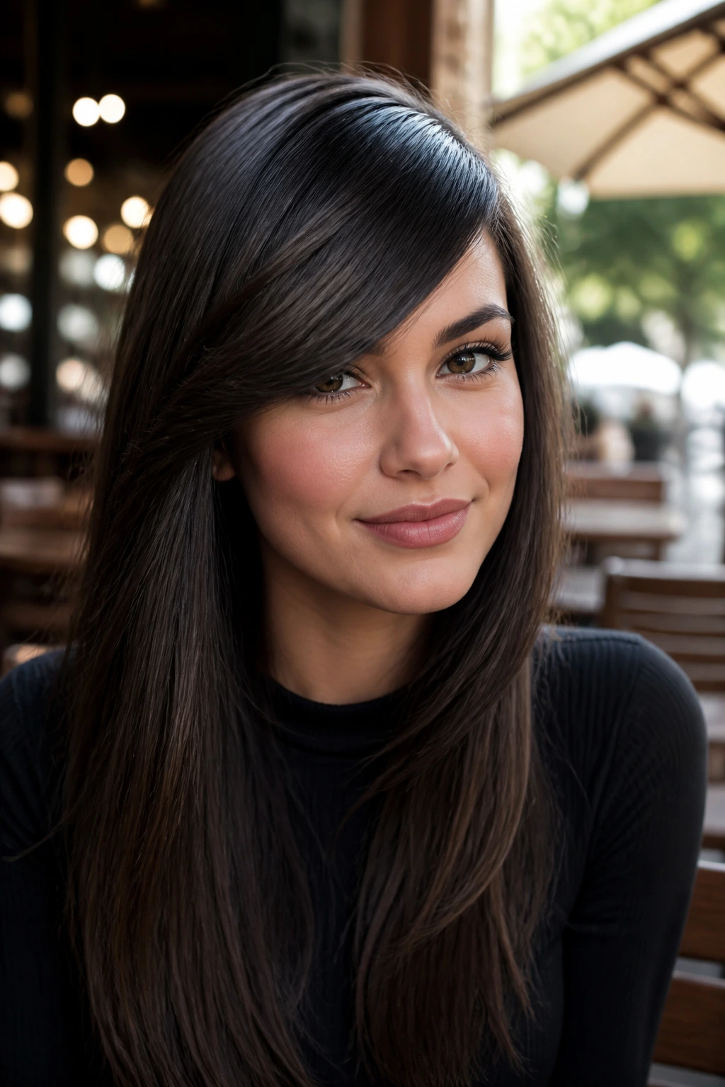 Close-up portrait of a woman with long swoop bangs across the forehead in natural daylight