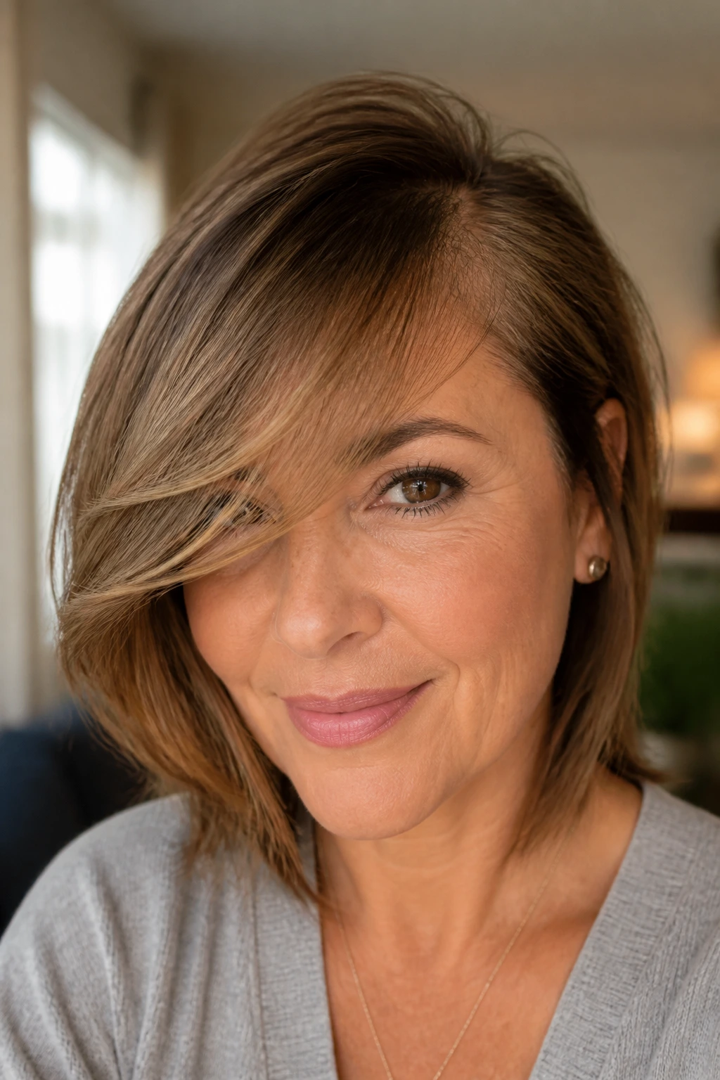 Close-up of a real person with a long swooping fringe covering a sparse hairline