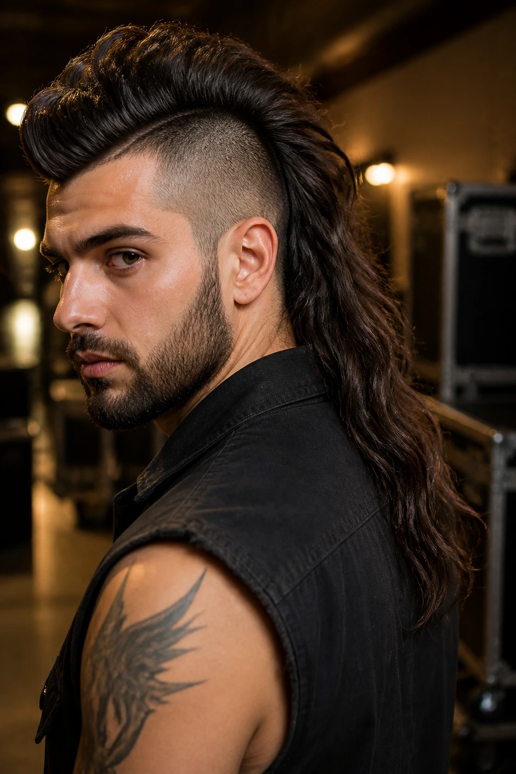 Close-up portrait of a real man with a long tail Mohawk and tight sides