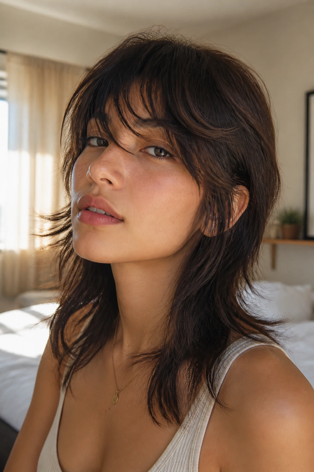 Real person with long-textured fringe wolf cut in morning light