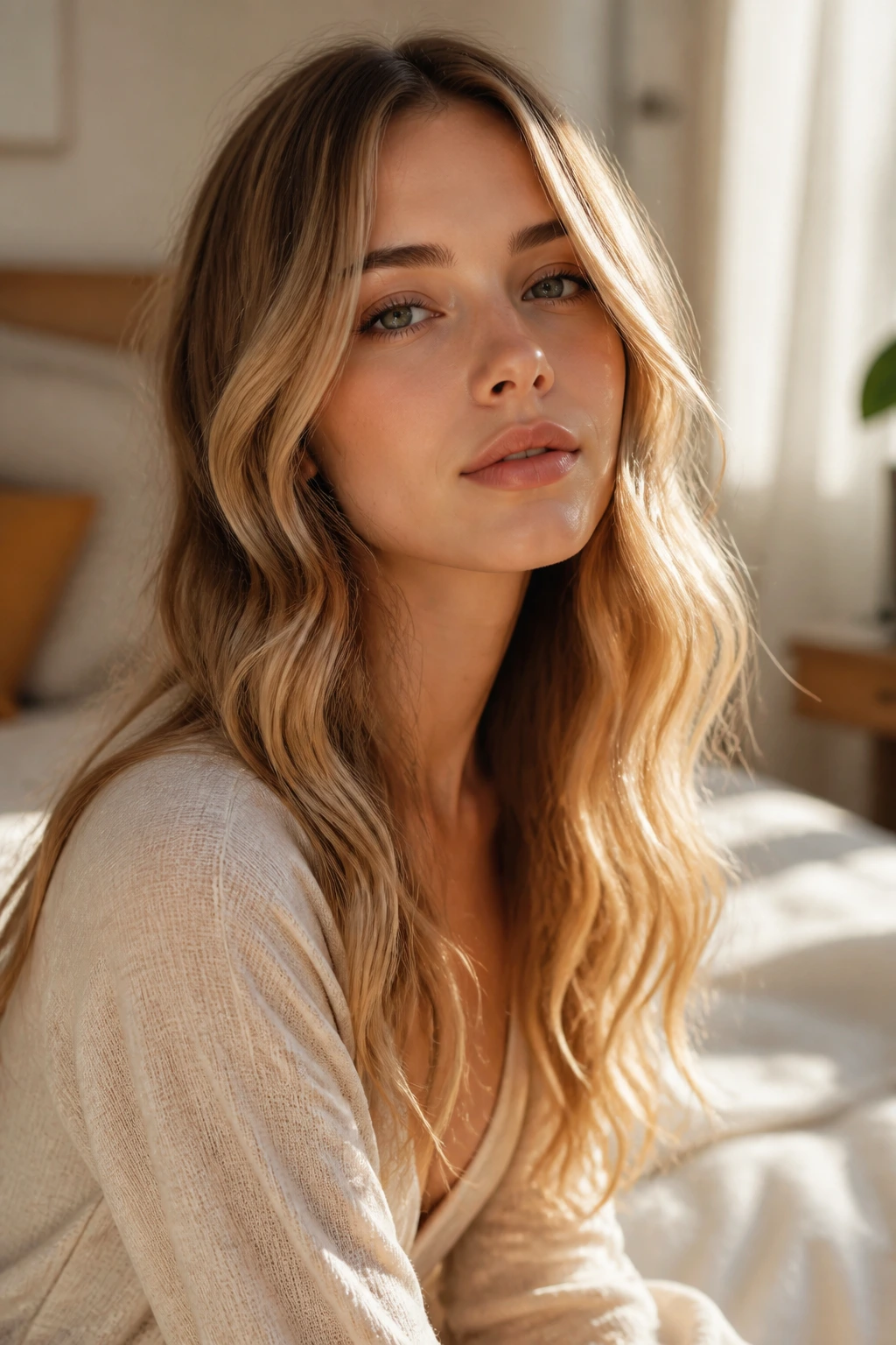 Close-up portrait of a real woman with long thin hair styled in broad waves that hold shape