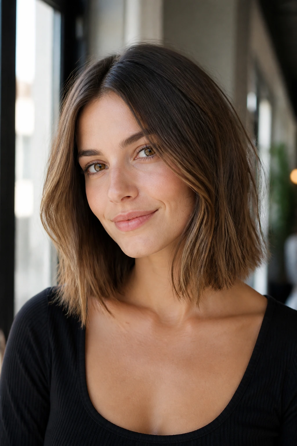 Portrait showing how a lob at collarbone length enhances density in long thin hair.