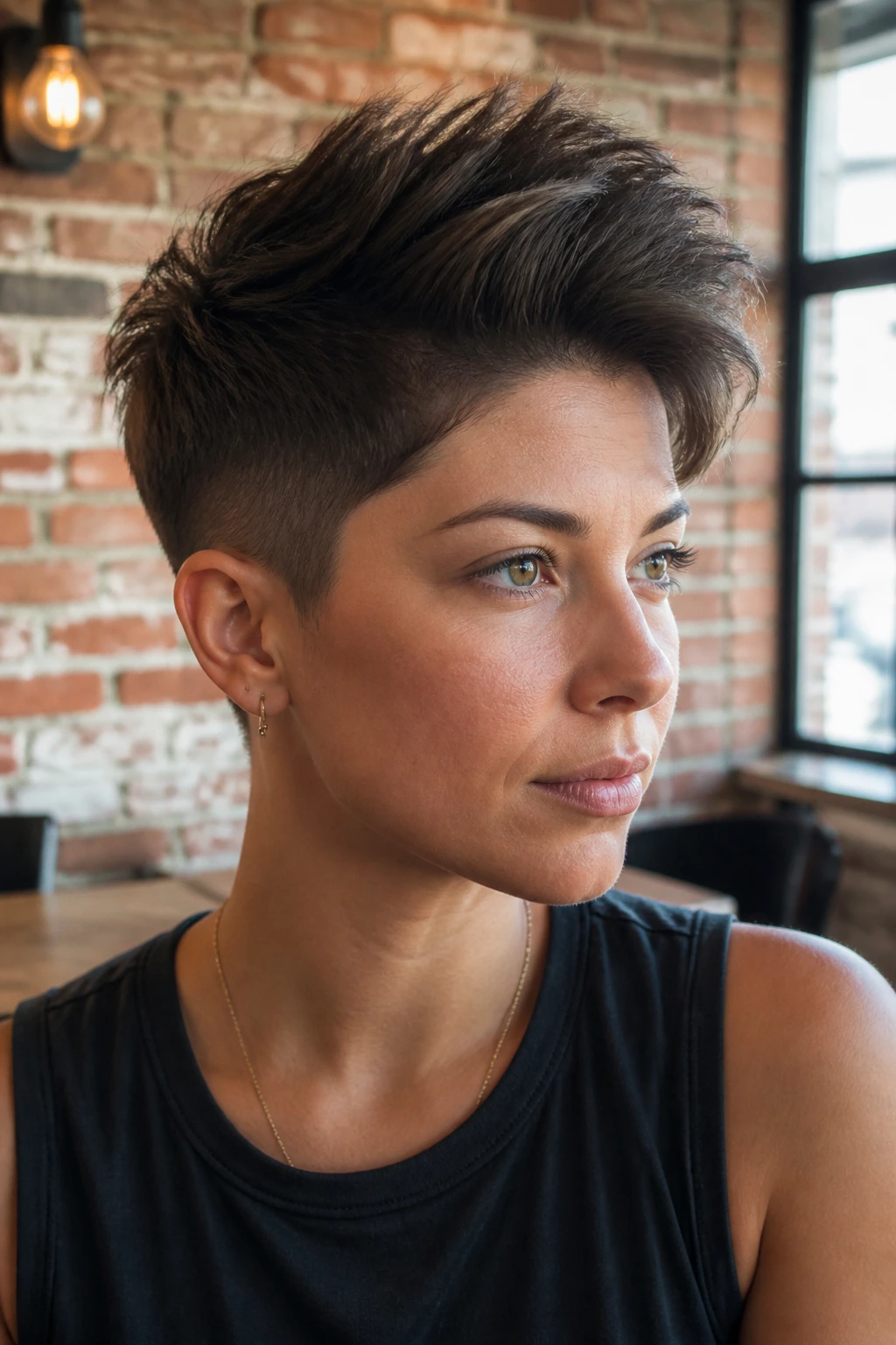 Portrait of a real person with long-top close-sides pixie showing crisp silhouette