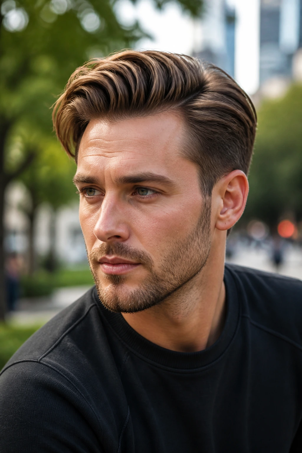 Real man with a long top comb over hairstyle, swept back with a defined part.