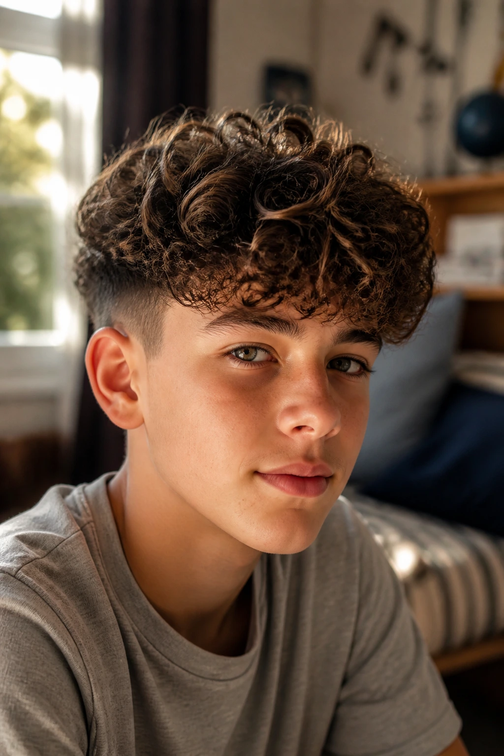 Close-up of a real boy with a long top curly haircut and trimmed sides in warm window light