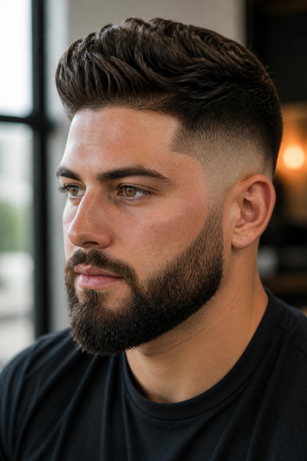 Portrait of a man with long top fade and trimmed beard