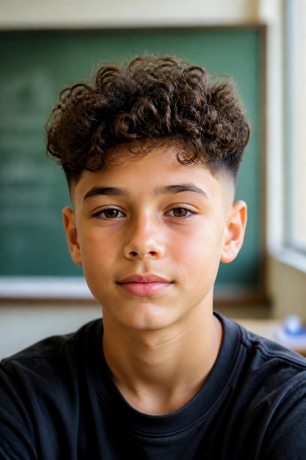 Close-up of a real schoolboy showing a long top with a low skin fade in a classroom.