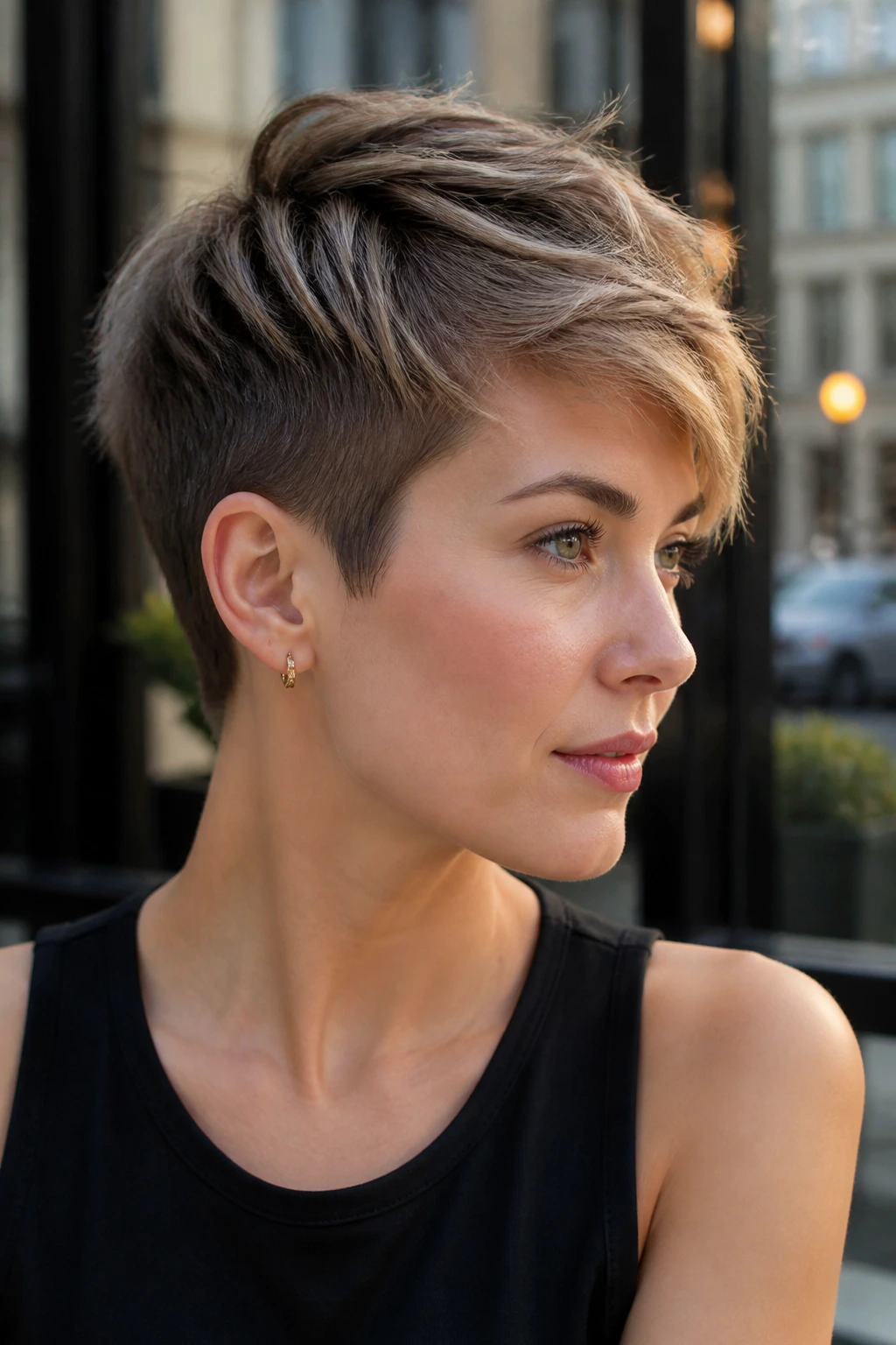 Real woman with long-top pixie, crown length providing lift and direction