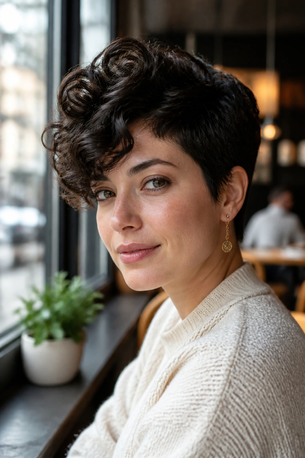 Medium close-up of real woman with long-on-top curly pixie in cafe lighting