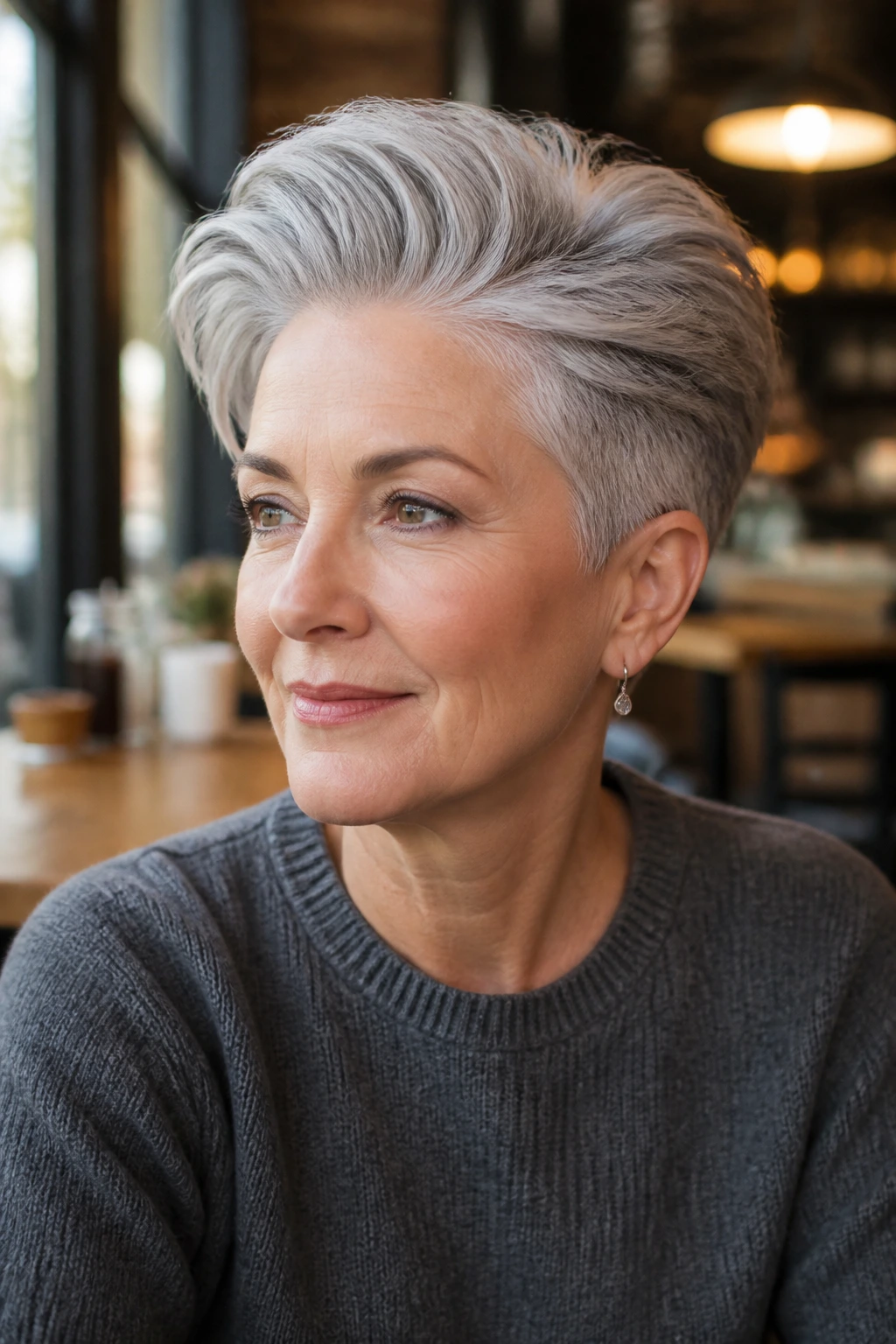 Close-up of a woman with a long-top pixie and tucked sides in cafe daylight