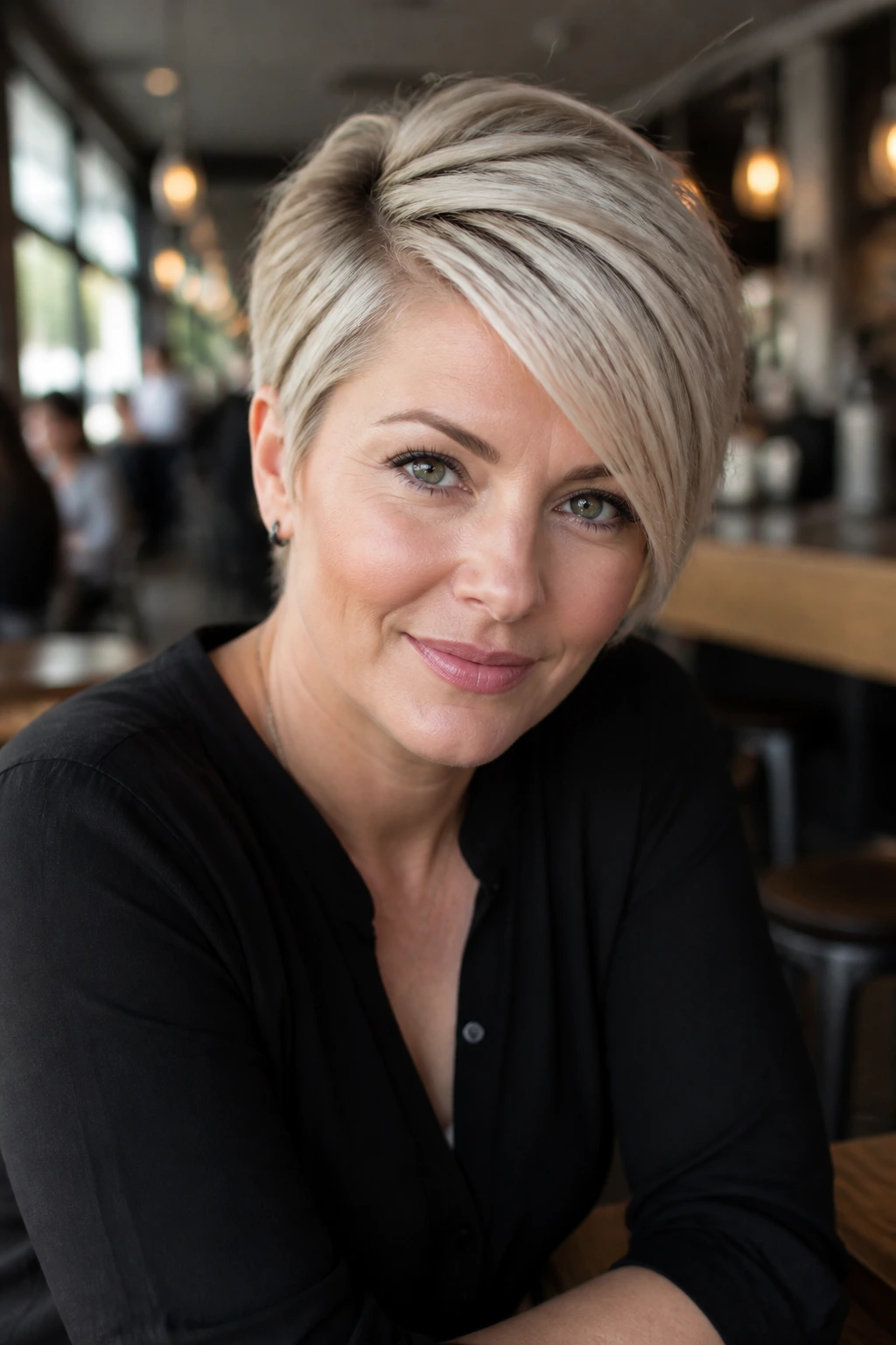 Medium close-up of a woman with a long-top pixie and deep side part