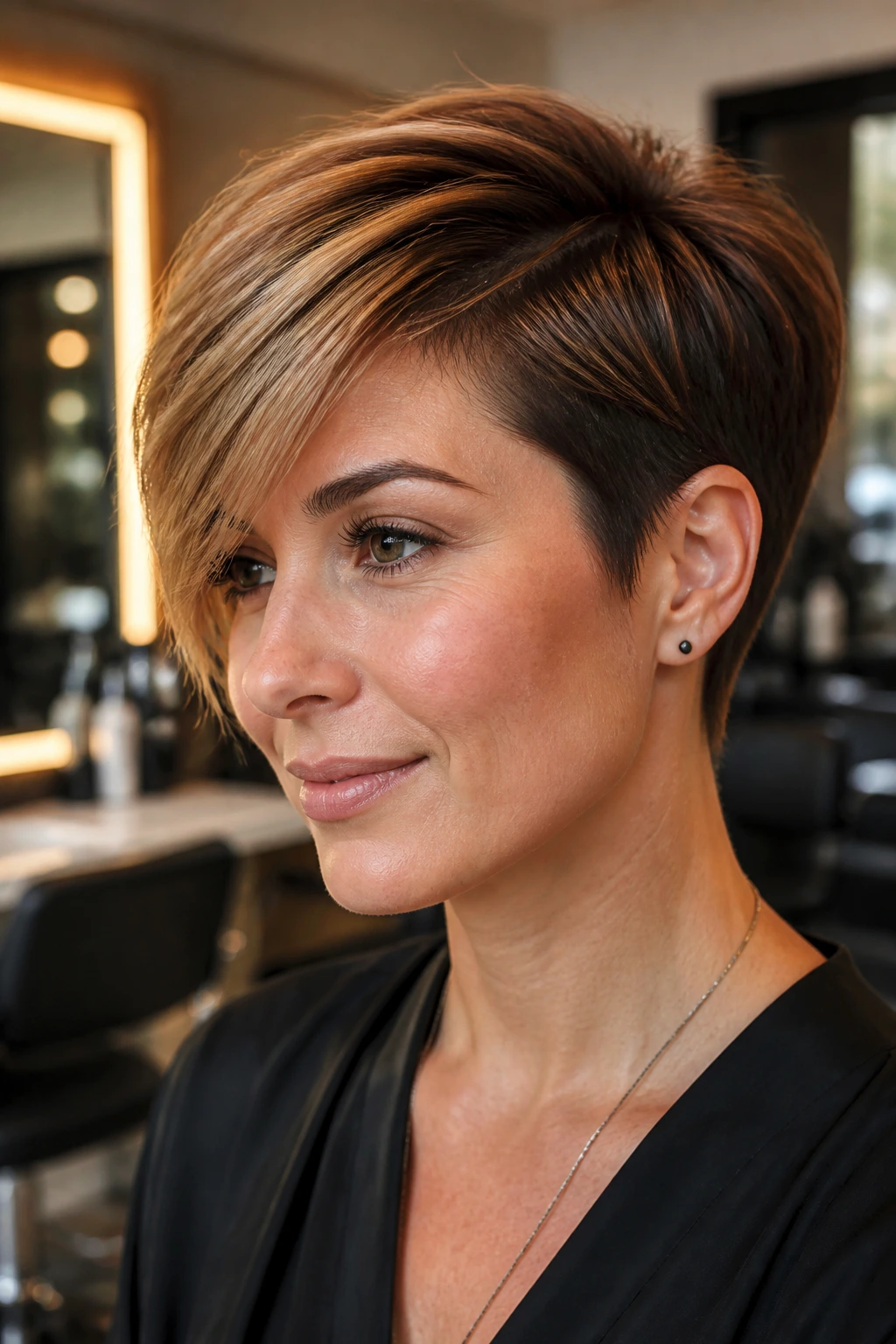 Portrait of person with long-top pixie showing front length 3-4 inches and tapered sides