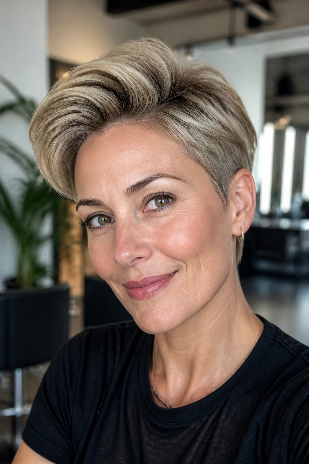 Close-up portrait of a real person with long-top pixie under natural light.