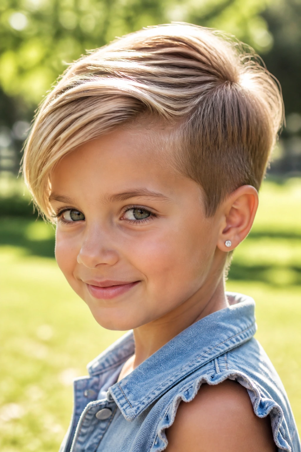 Child with long-top pixie, top length 3-4 inches, outdoors