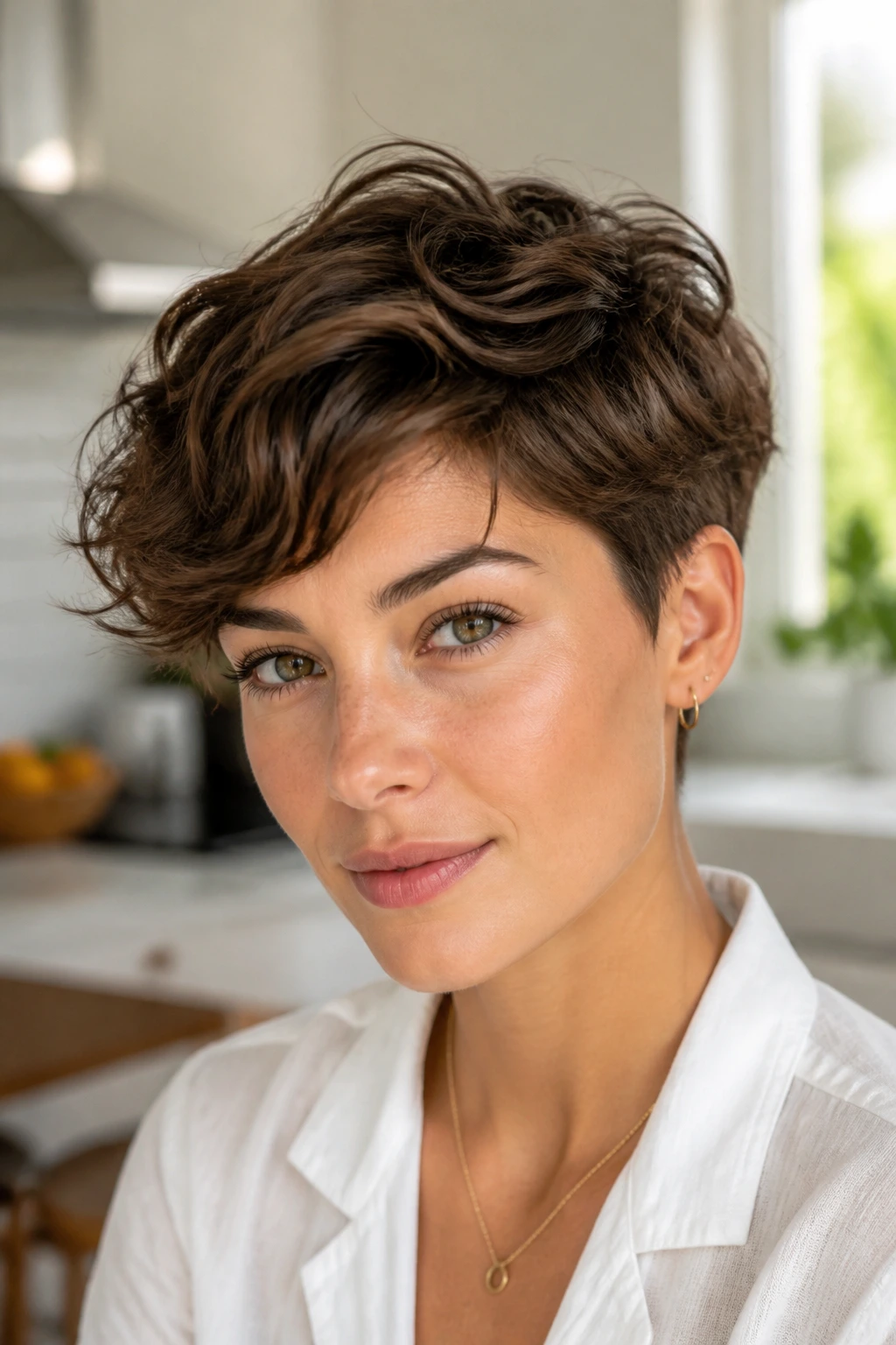 Close-up portrait of a real woman with long-top pixie hairstyle
