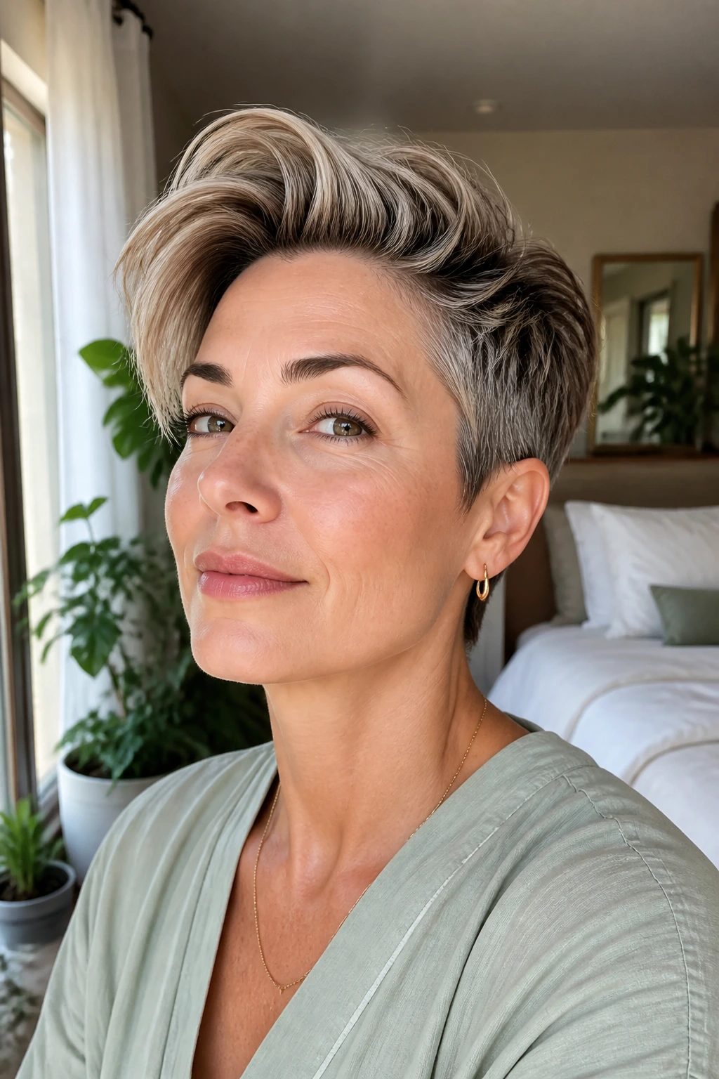 Close-up of a real woman with a long-top pixie showing a 3-4 inch top in window light.