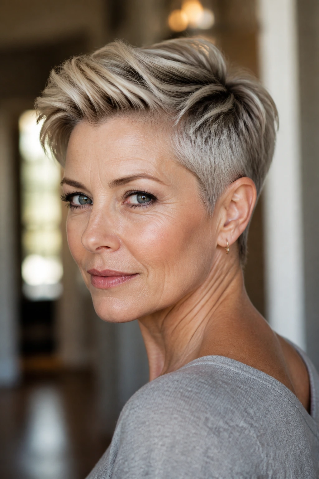 Real woman with long-top tapered-back pixie in sunlit hallway