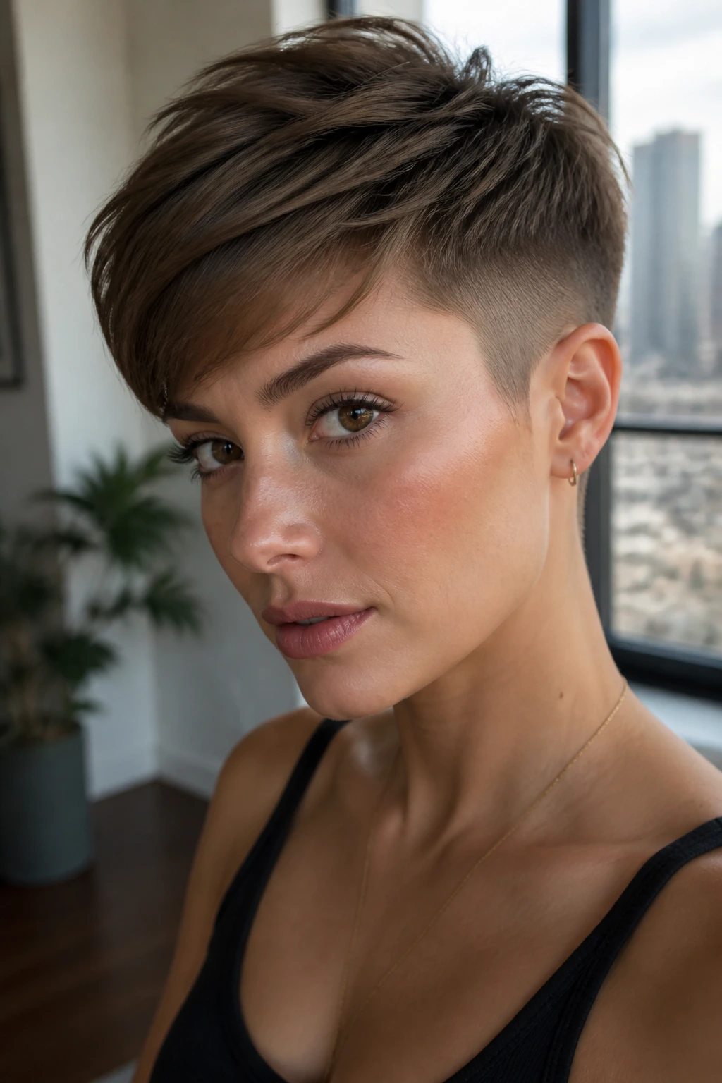 Portrait of real person with long top tight sides pixie
