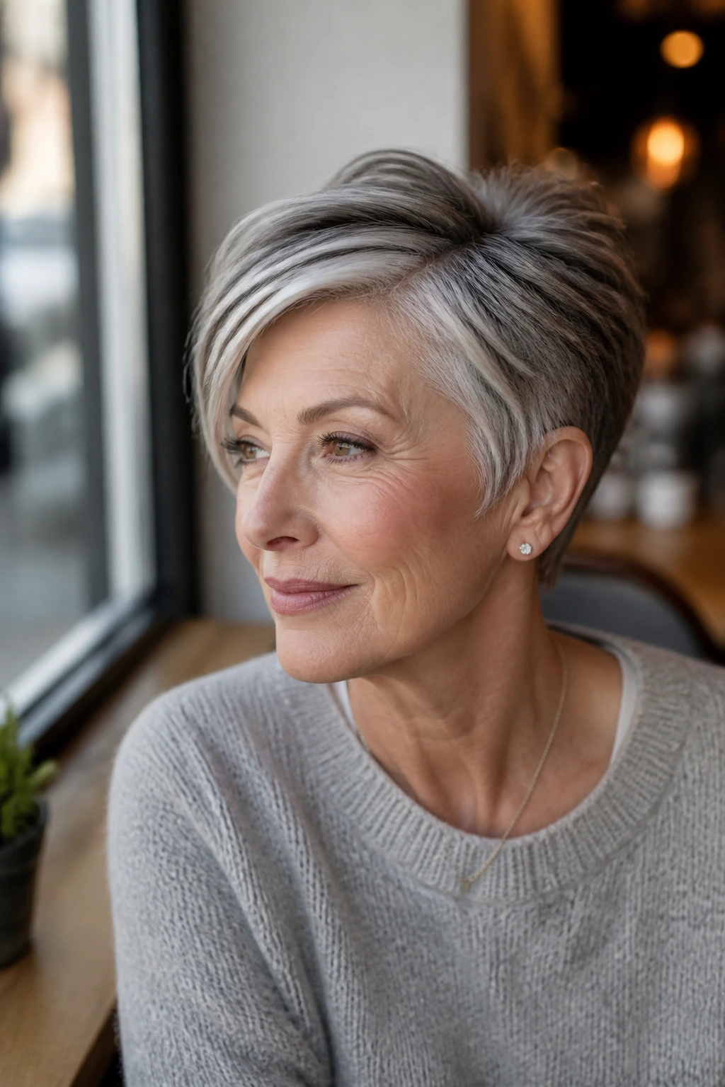 Portrait of a real woman with a long top pixie in a cozy cafe window light