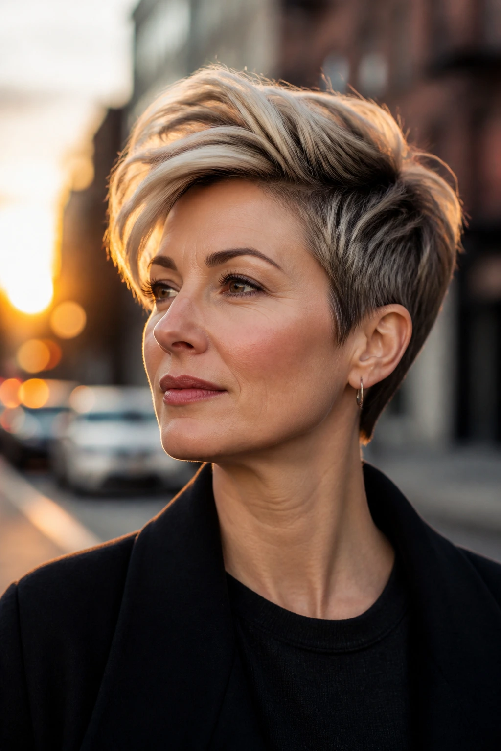 Real woman with long-top pixie on an urban street at golden hour