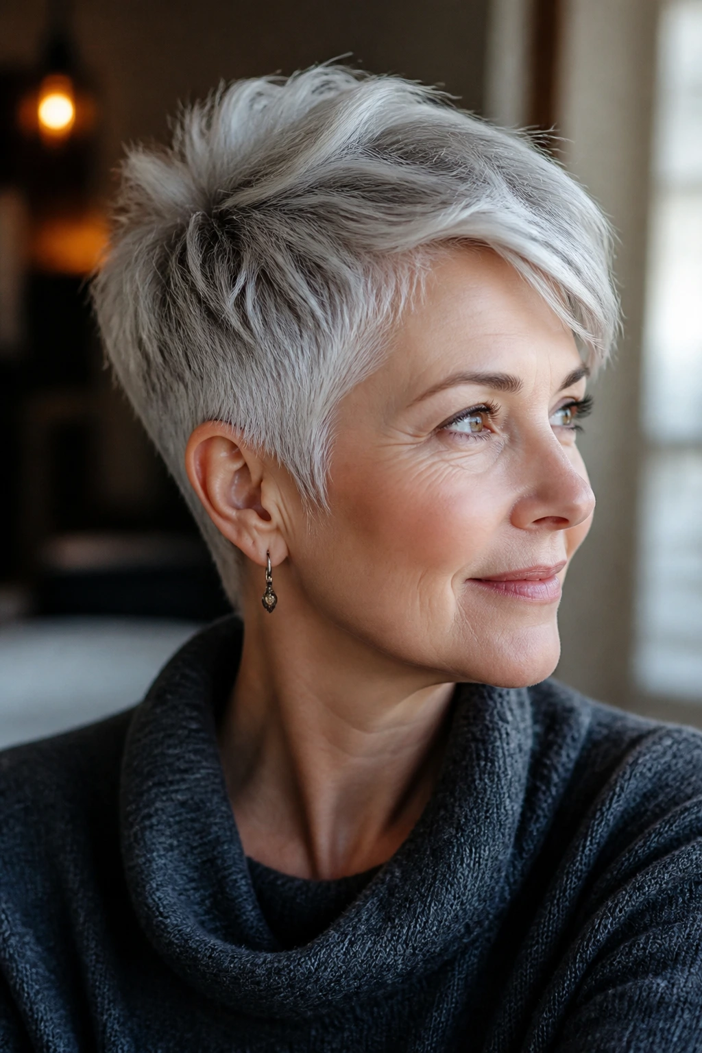 Woman with long-top pixie hair showing versatile top length.