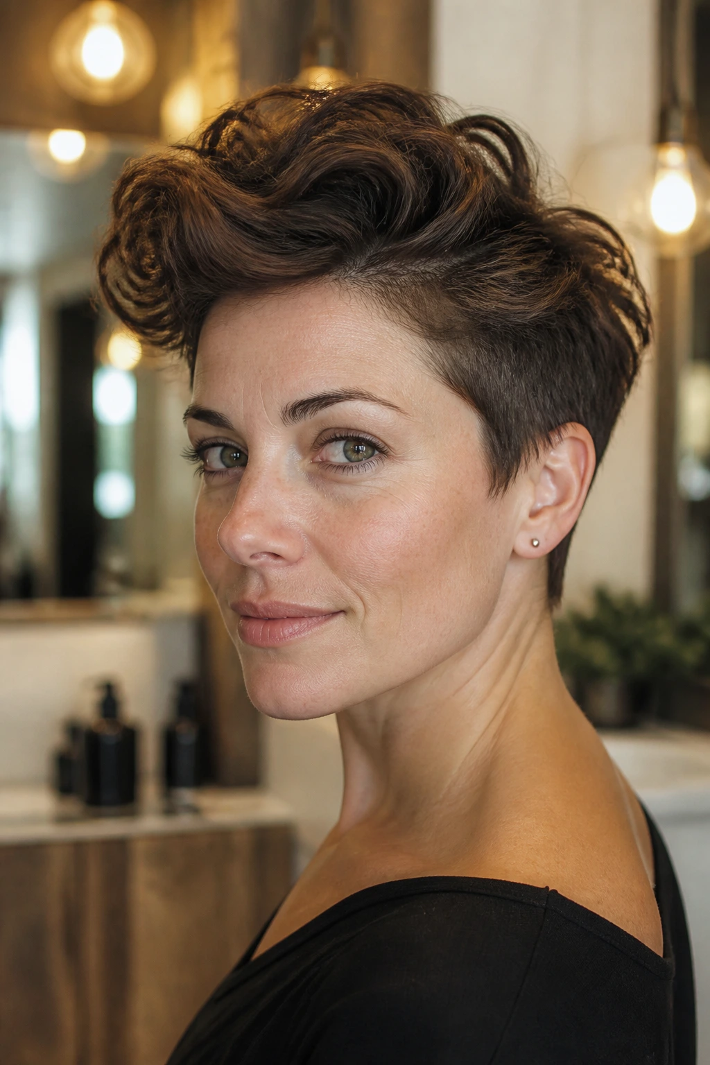 Close-up of a real woman with a long-top pixie quiff