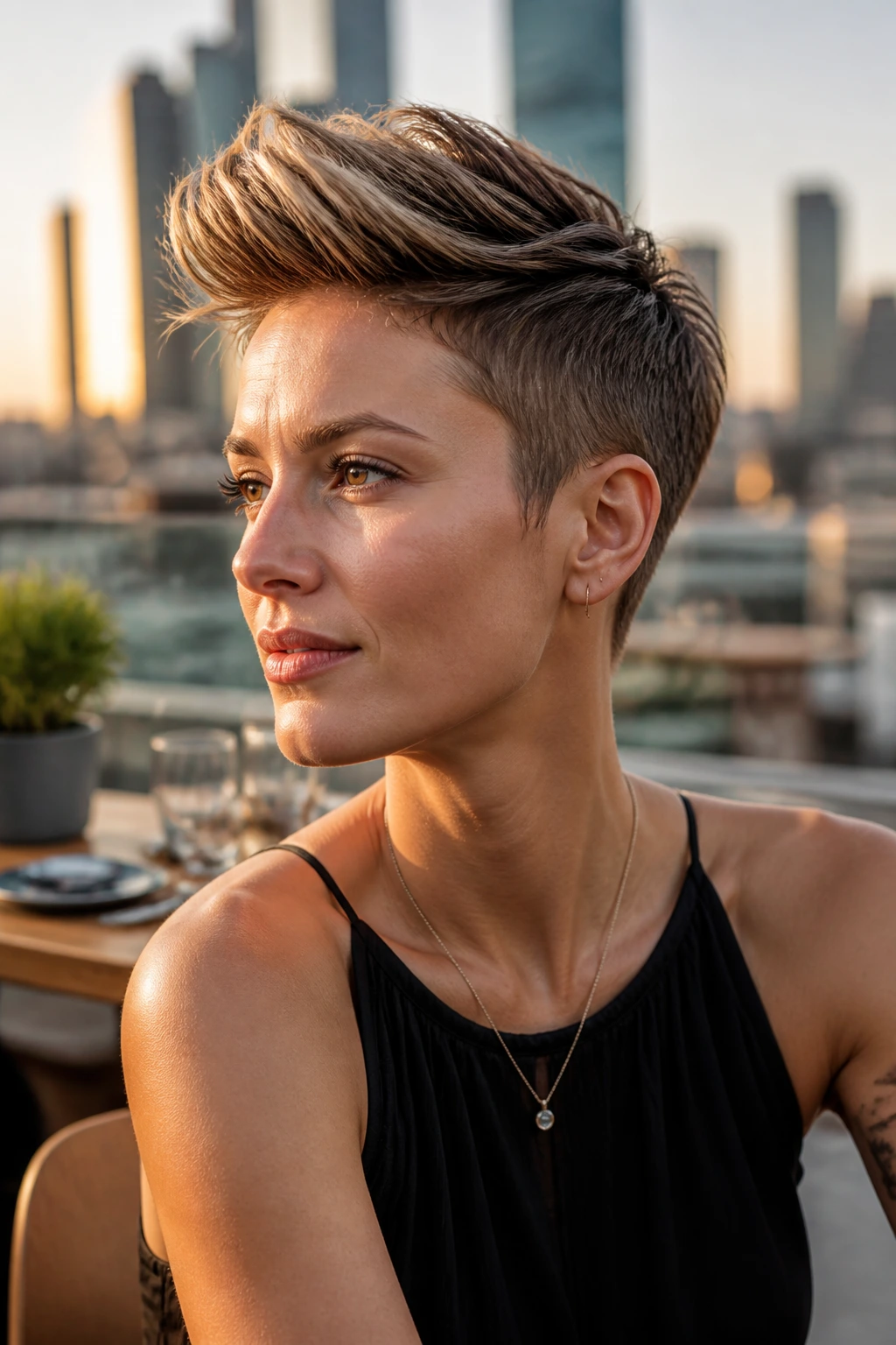Real woman with long-top short-sides pixie in golden hour rooftop scene