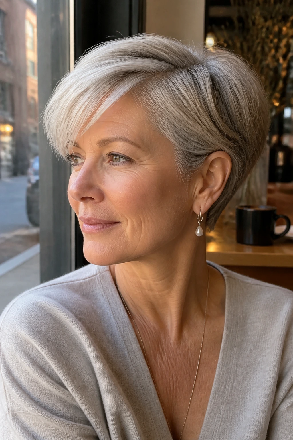 Close-up portrait of a real woman with a long-top pixie and tucked sides