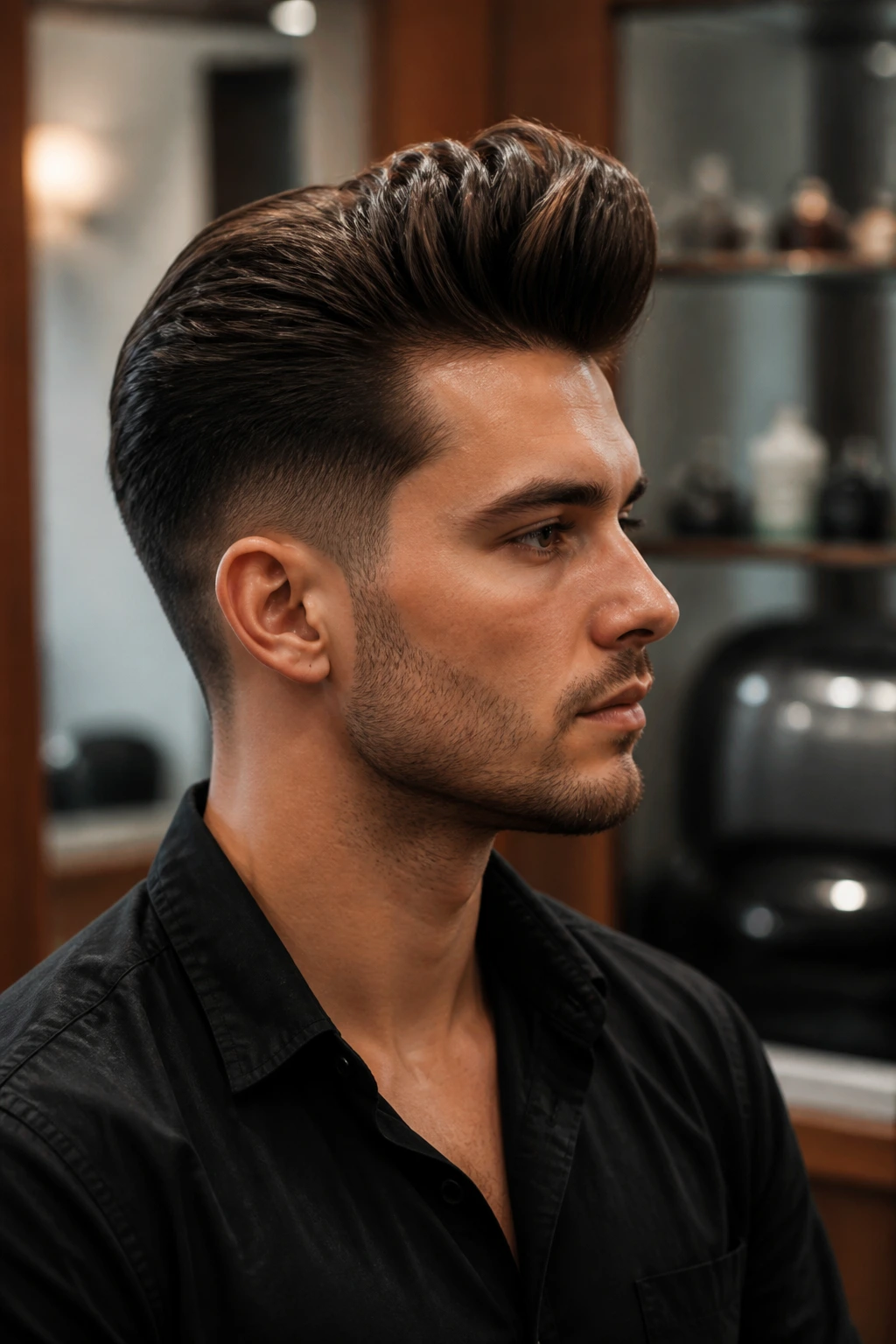 Portrait of a man with a long top pompadour and sculpted lift in a salon setting.