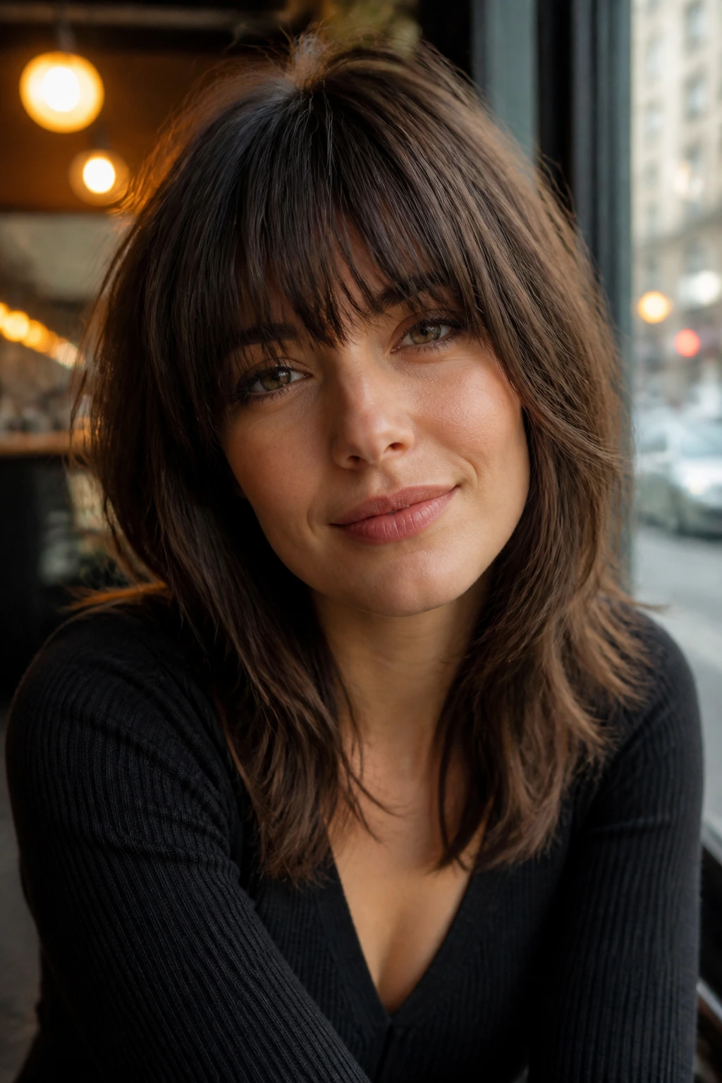 Real woman with long-top shag and full bangs in cafe window light.