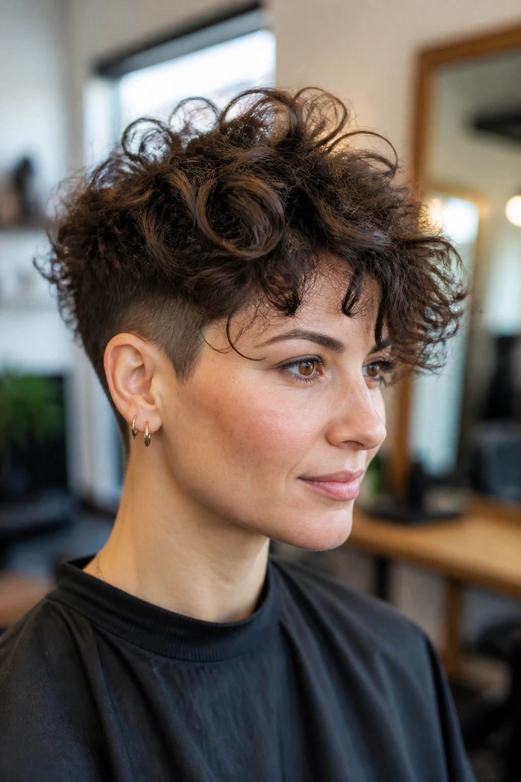 Close-up portrait of a real person with Long-on-Top Short-on-Sides Shag in a modern salon