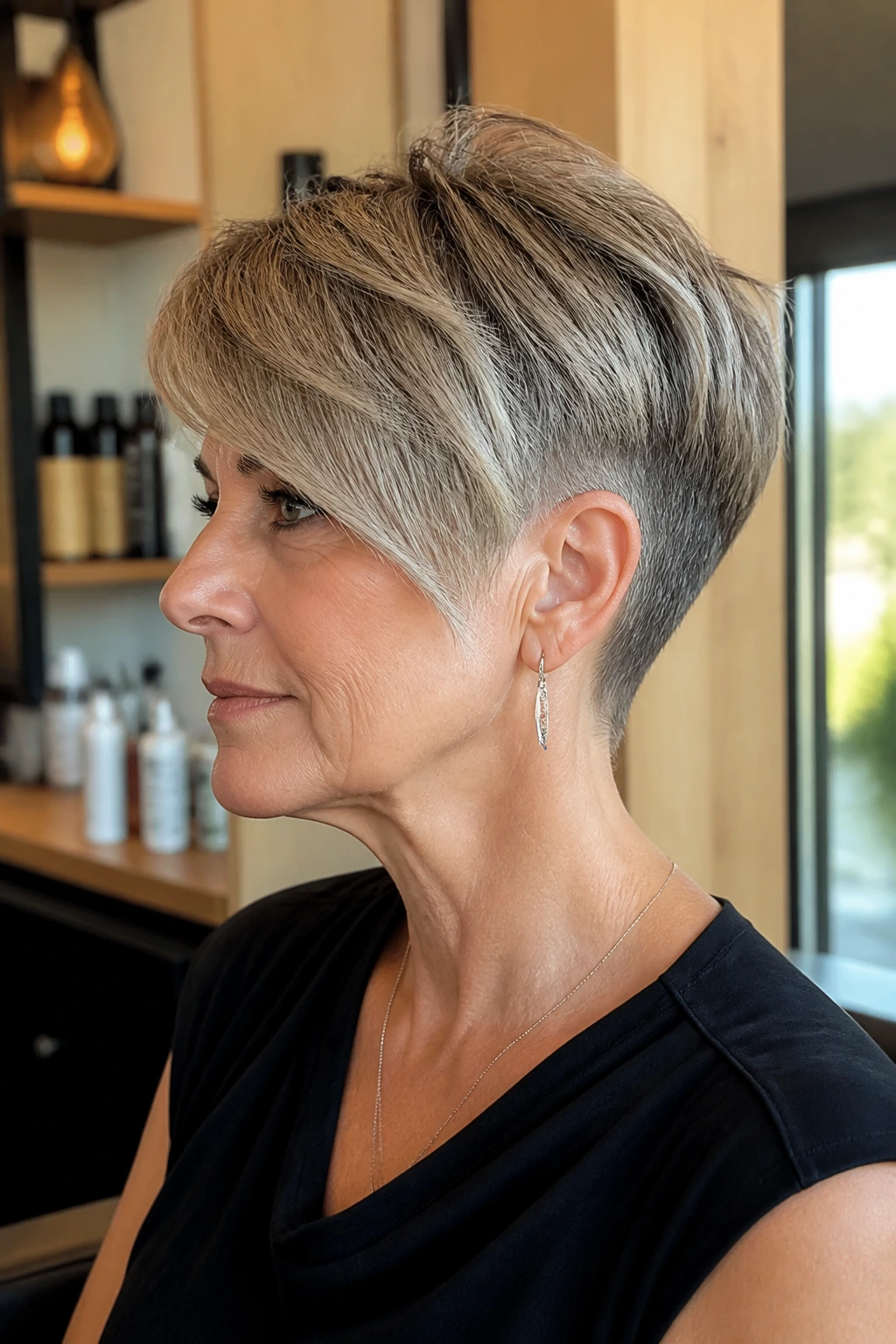 Portrait of a real woman with a long top and short back crop hairstyle.