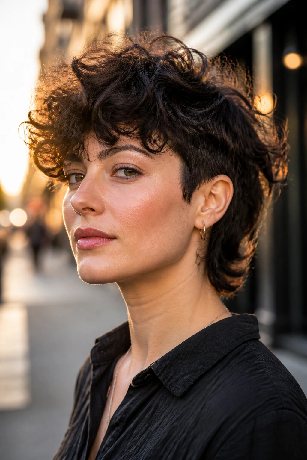 Portrait of a real person with long-top short-side shag on a real head, golden hour city light