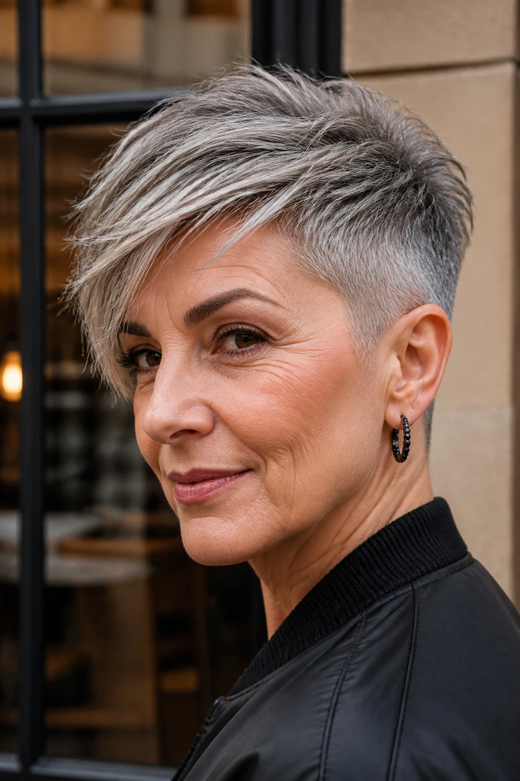 Close-up portrait of a woman with a long-top short-sides crop hairstyle in natural daylight