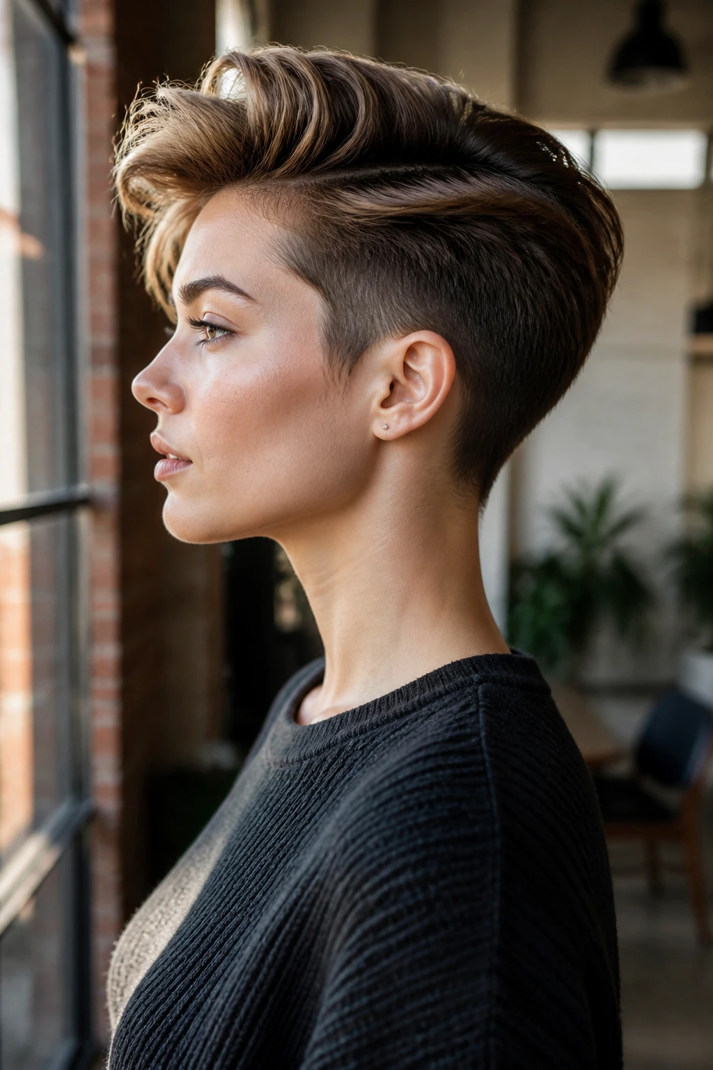 Profile portrait of a real person with long top and short sides pixie