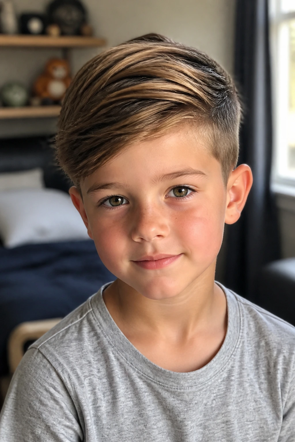 Close-up portrait of a real boy with long top and tapered neck in a cozy bedroom