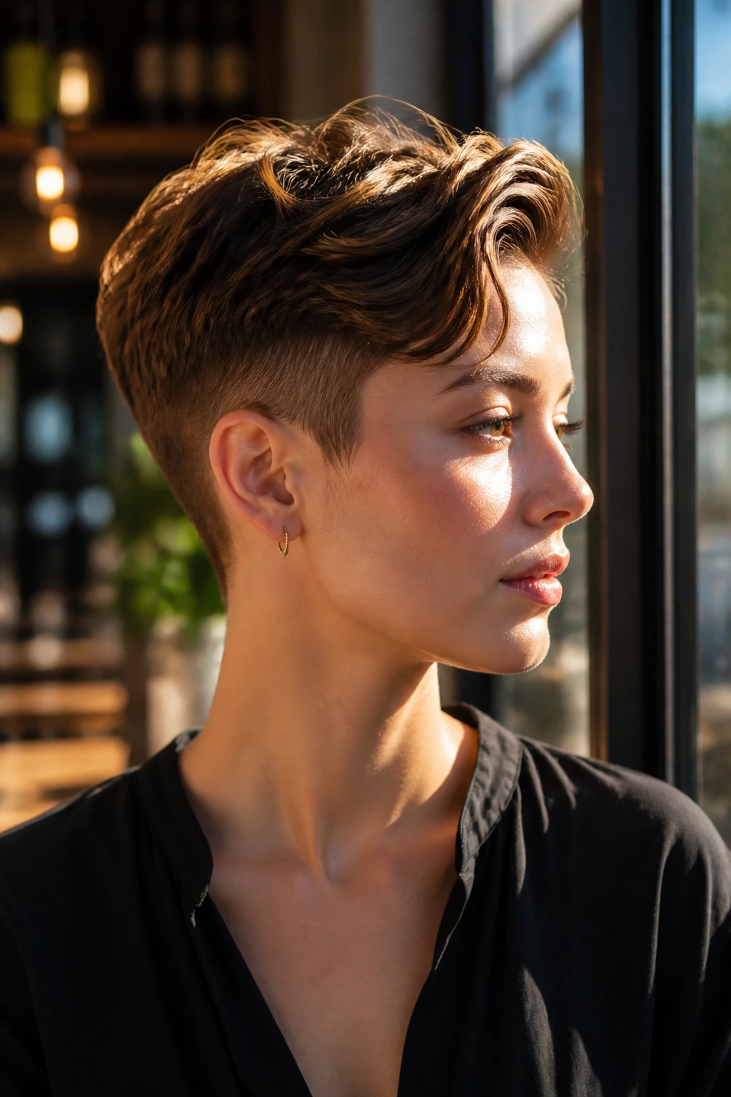 Close-up portrait of a real person with long-top undercut pixie in sunlit cafe light.