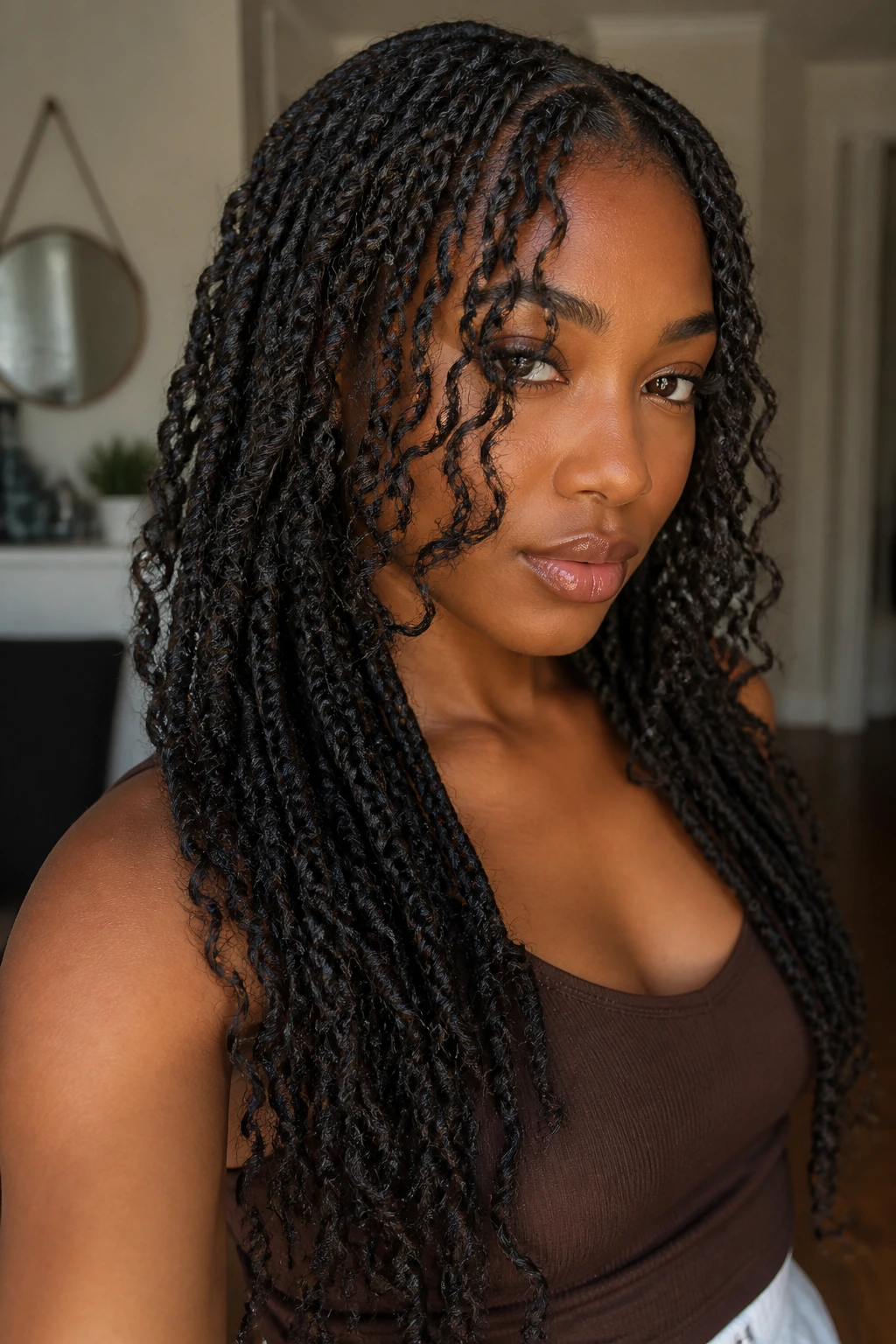Close-up portrait of a woman with long layered twists and front face-framing pieces