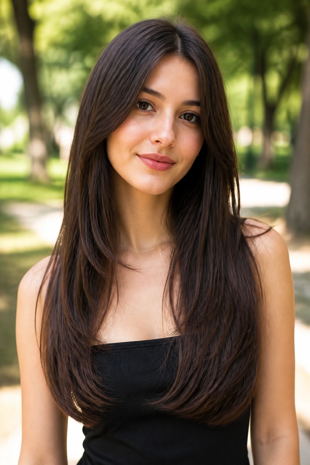 Real woman with a long U-cut hairstyle in a park setting