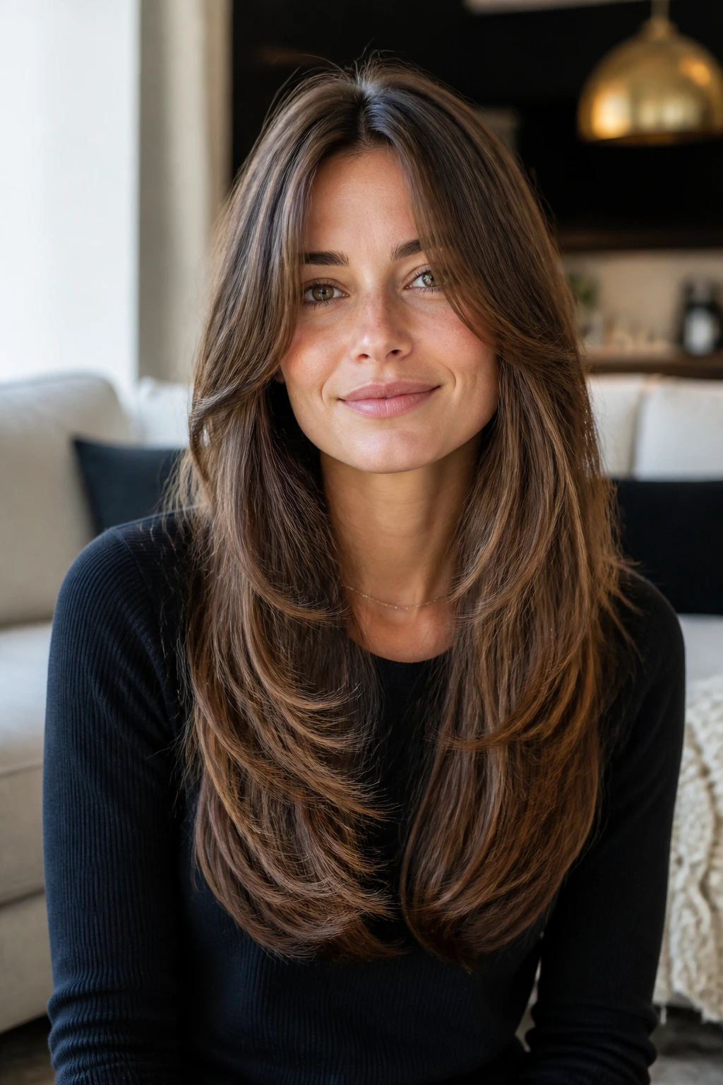 Portrait of a real woman with a long U-cut and split bangs in a cozy indoor setting