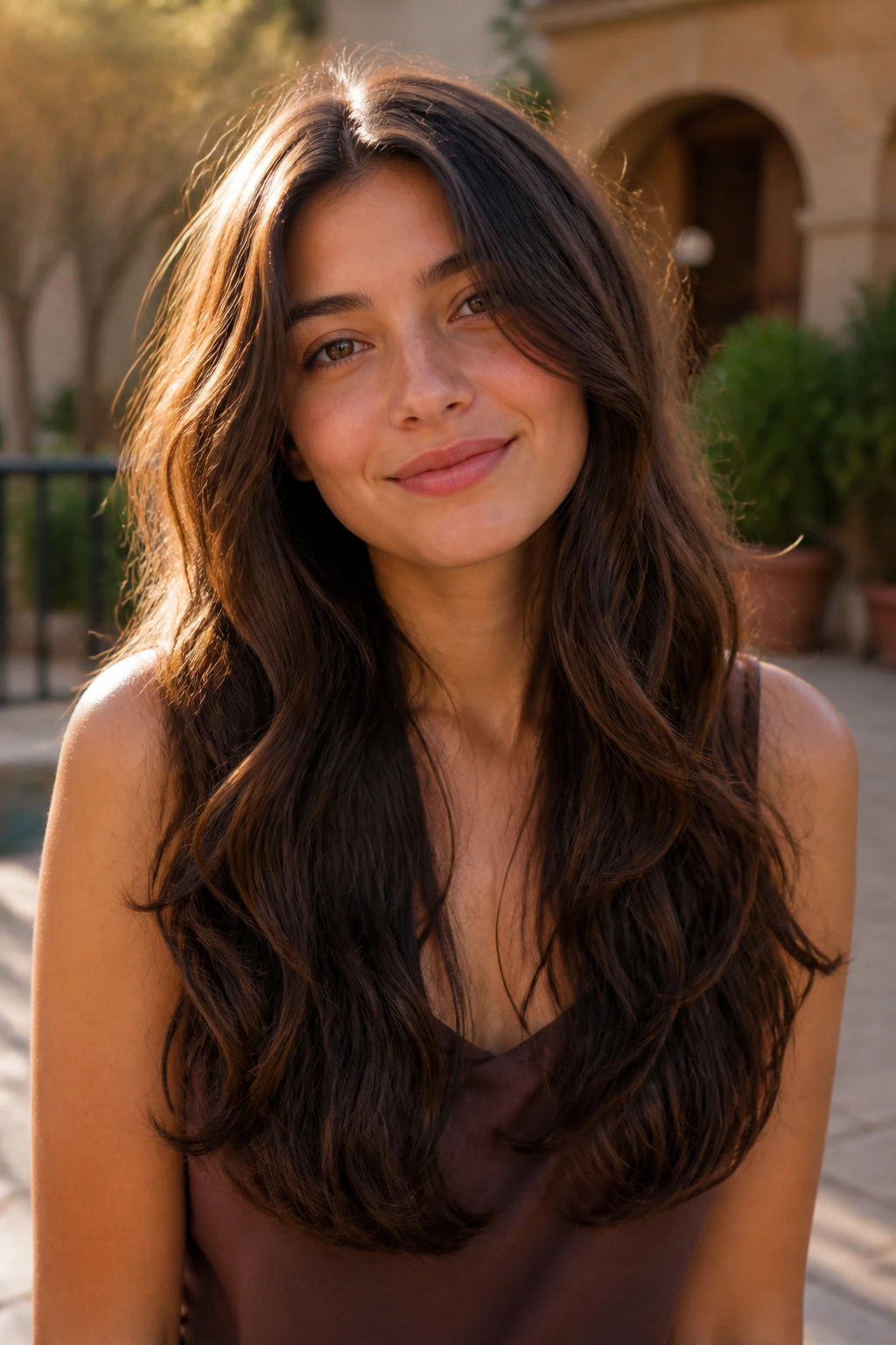 Close-up portrait of a person with a long U-cut hairstyle showing soft U-shaped ends