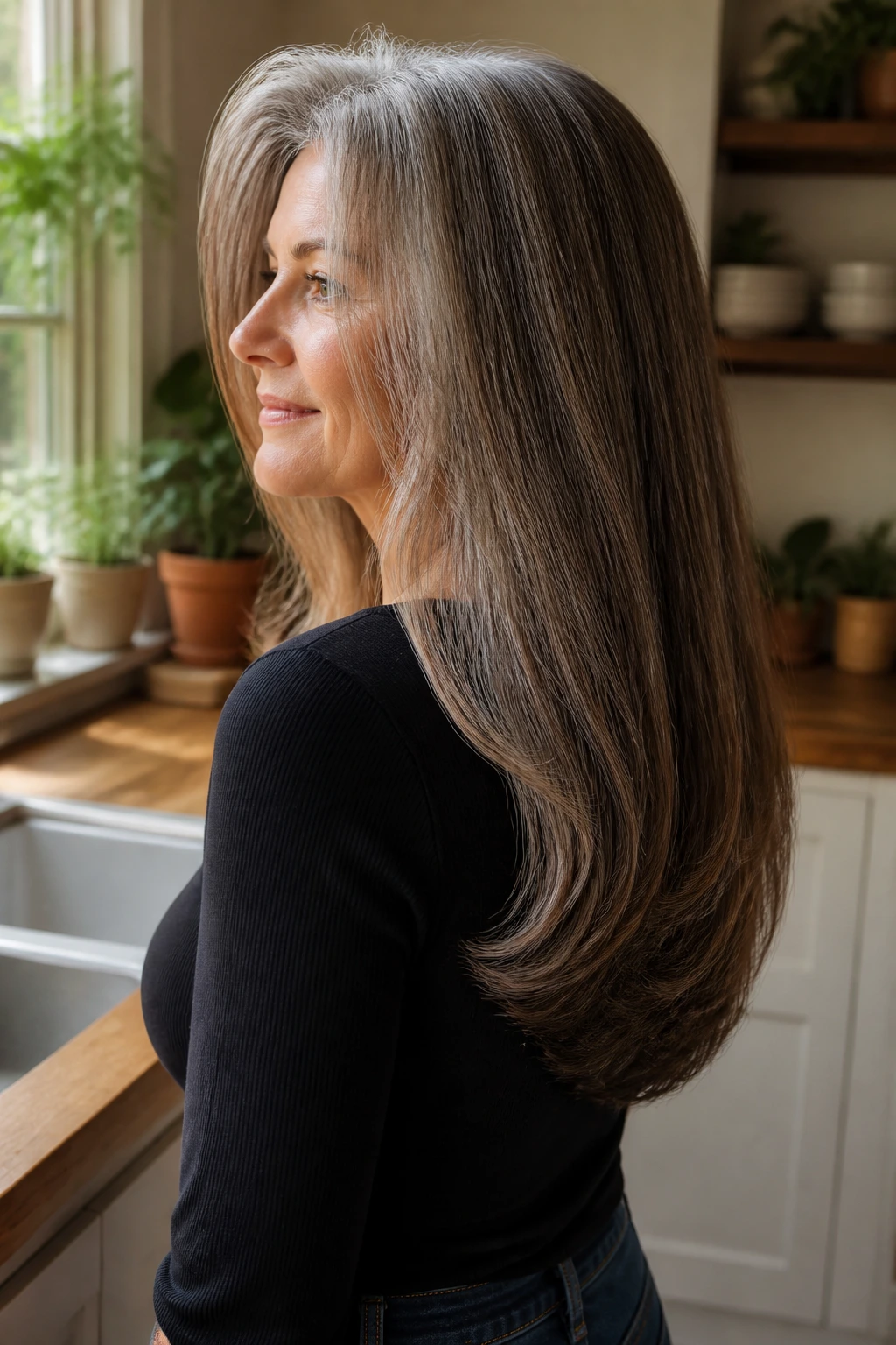 Three-quarter view of a real woman’s head showing a long U-shaped cut
