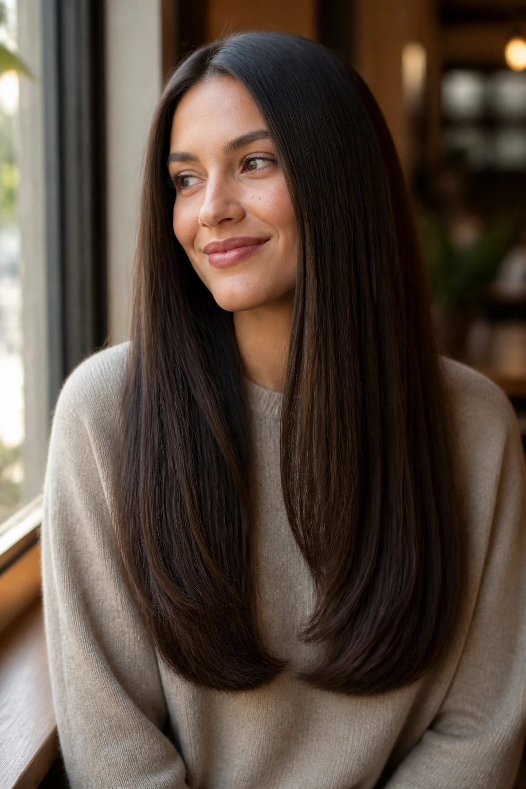 Close-up of long gentle U-shaped hair with rounded corners in warm cafe light