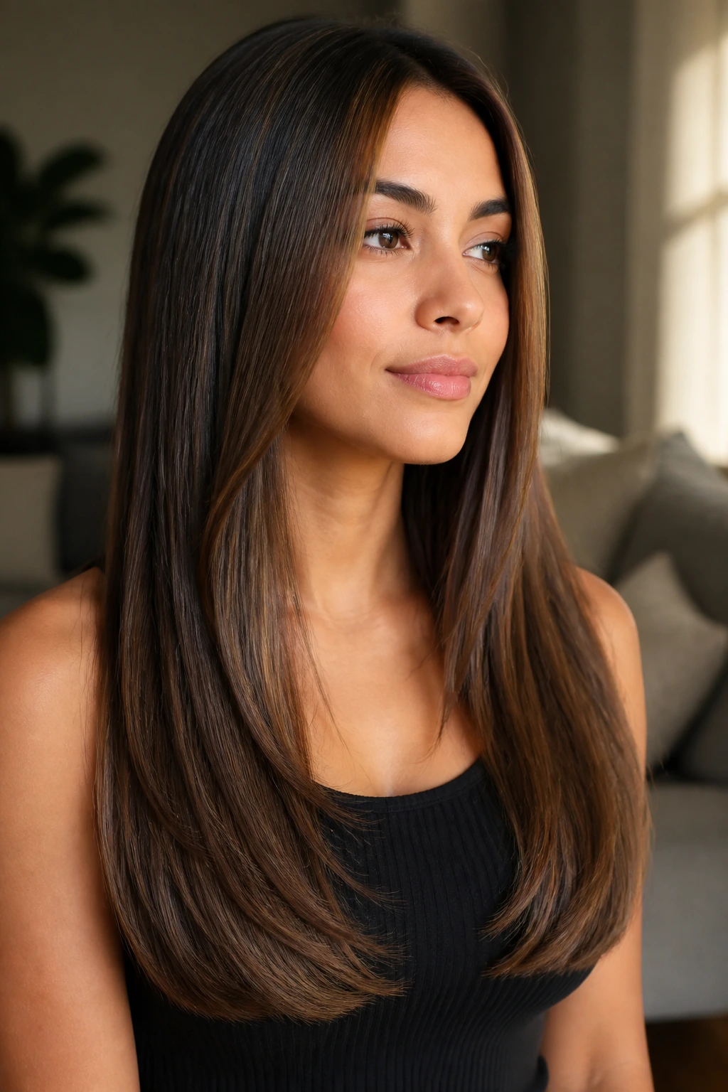 Portrait of a woman with long U-shape layers and clean perimeter.