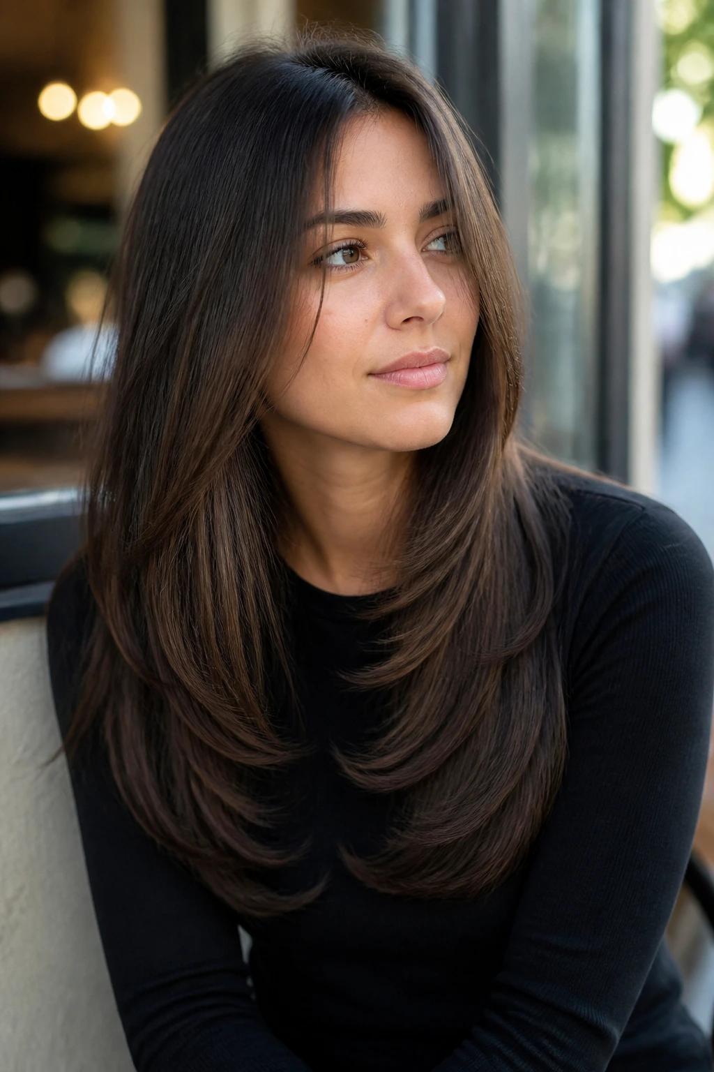 Portrait of real woman with long U-shaped haircut and micro-layers outdoors near a cafe